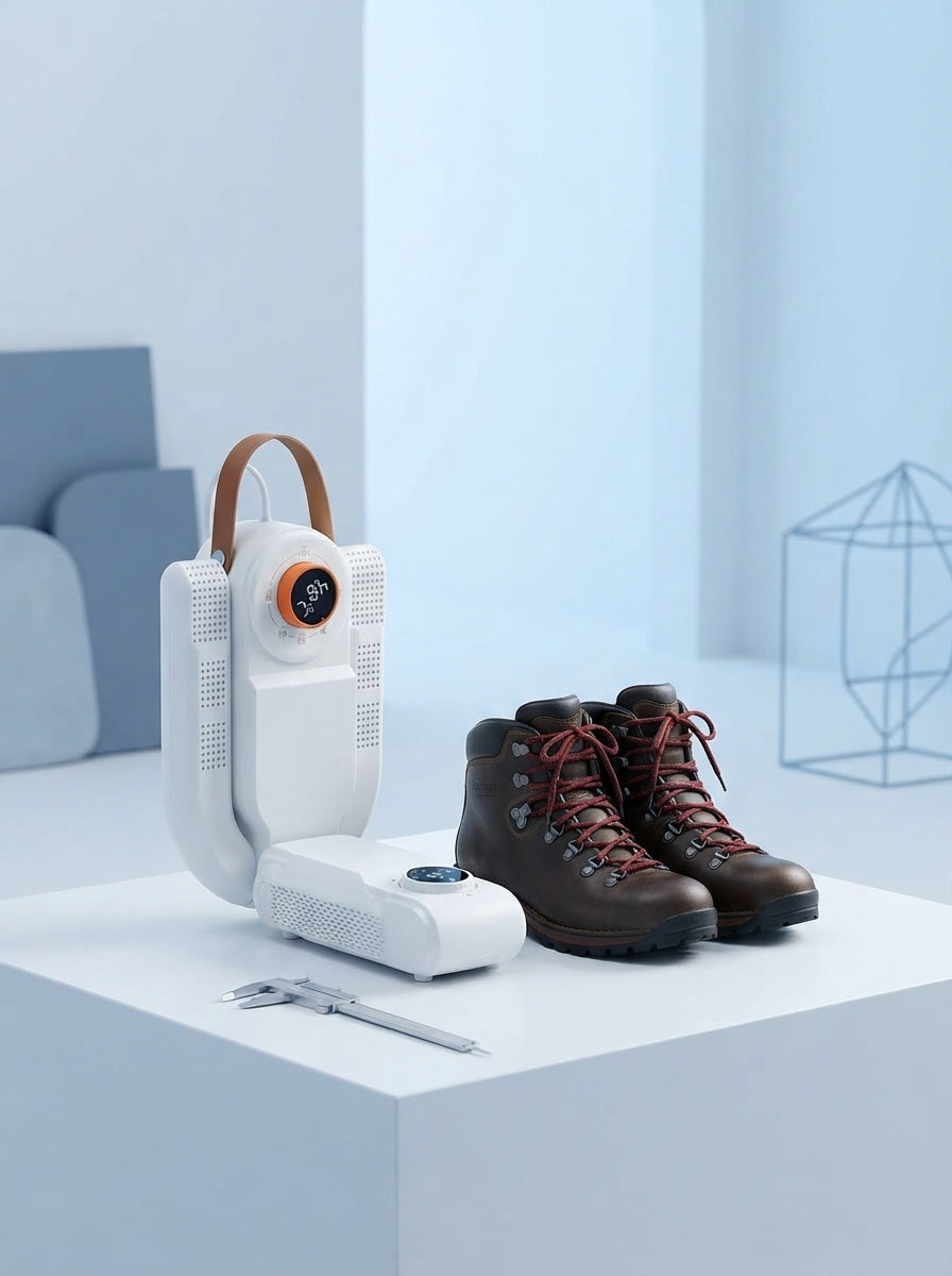 Smart electric shoe dryer with UV sterilization technology inserted into a pair of hiking boots on a clean white surface.
