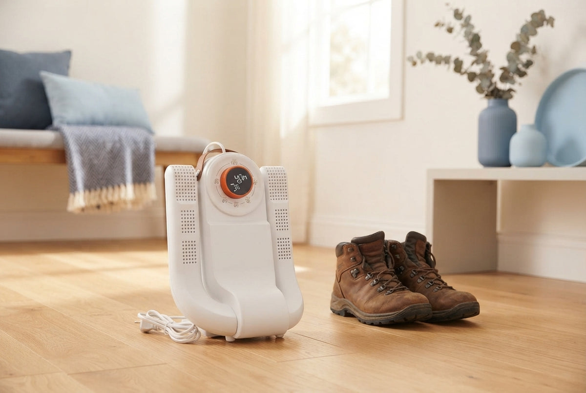 A smart electric shoe dryer and hiking boots on a wooden floor in a bright, modern room with blue accents.